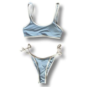 ZAFUL light blue and white trim, ribbed, high-waisted bikini, lightly padded (S)
